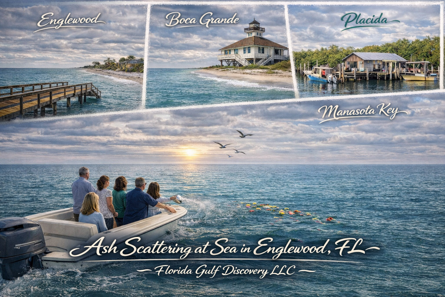 Family scattering ashes during a private memorial ceremony at sea near Englewood, Boca Grande, Placida, and Manasota Key with Captain Pavel.