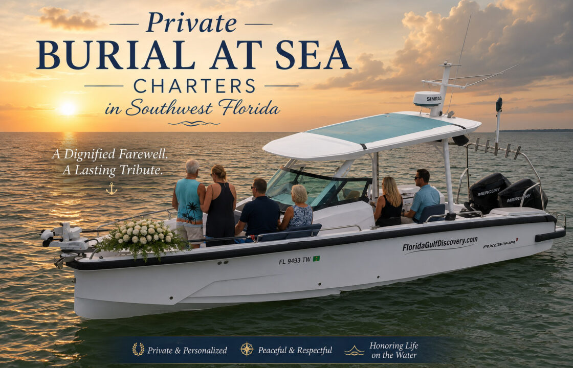 Family gathered aboard Florida Gulf Discovery's Axopar 29 during a private Burial at Sea ceremony at sunset in Southwest Florida.