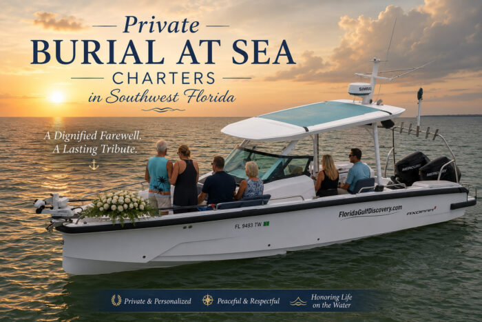 Family gathered aboard Florida Gulf Discovery's Axopar 29 during a private Burial at Sea ceremony at sunset in Southwest Florida.