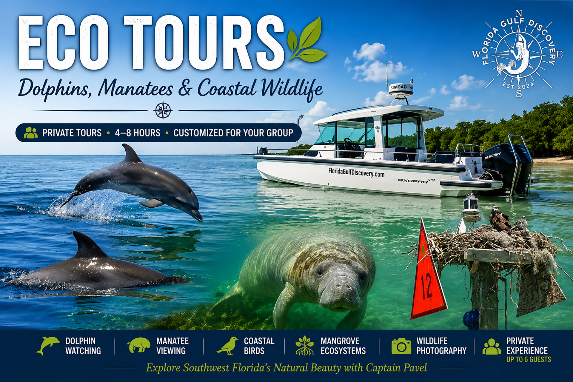 Private Eco Tours in Southwest Florida | Dolphins, Manatees & Coastal Wildlife Private Eco Tour in Southwest Florida featuring bottlenose dolphins, a West Indian manatee, an osprey nest, and coastal wildlife with Captain Pavel.