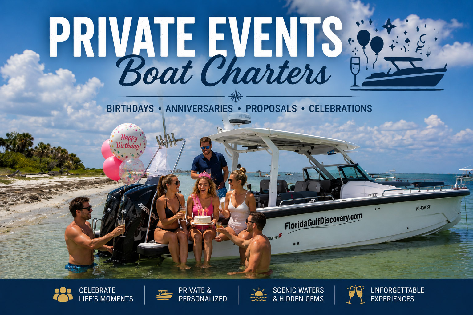 Friends celebrating a birthday aboard Captain Pavel's Axopar 29 during a Private Events Boat Charter in Southwest Florida.