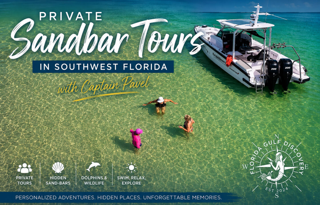 Private Sandbar Tour in Southwest Florida aboard Captain Pavel's Axopar 29 with guests enjoying crystal-clear shallow waters.