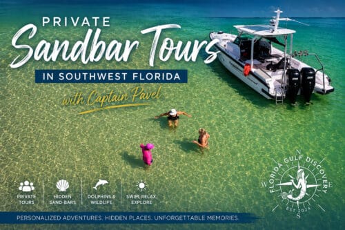 Private Sandbar Tour in Southwest Florida aboard Captain Pavel's Axopar 29 with guests enjoying crystal-clear shallow waters.