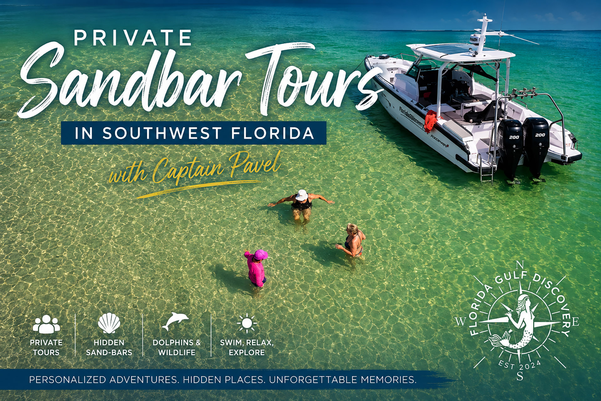 Private Sandbar Tours in Southwest Florida | Captain Pavel Private Sandbar Tour in Southwest Florida aboard Captain Pavel's Axopar 29 with guests enjoying crystal-clear shallow waters.