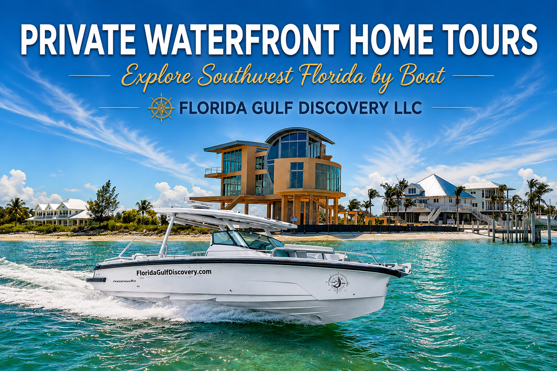 Private Waterfront Home Tours | Little Gasparilla Island | Florida Gulf Discovery LLC Private waterfront home tour by boat passing a newly built luxury waterfront home on the south end of Little Gasparilla Island, Southwest Florida.