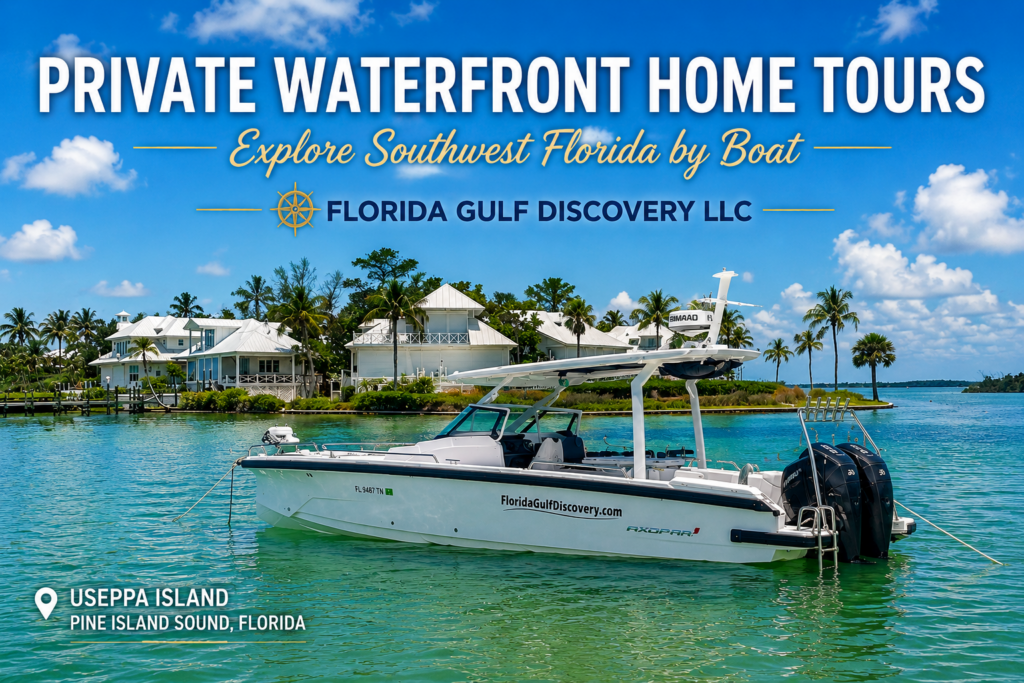 Private Waterfront Home Tours at Useppa Island | Pine Island Sound | Florida Gulf Discovery LLC Private waterfront home tour boat anchored near Useppa Island in Pine Island Sound, Southwest Florida, with luxury waterfront homes in the background.