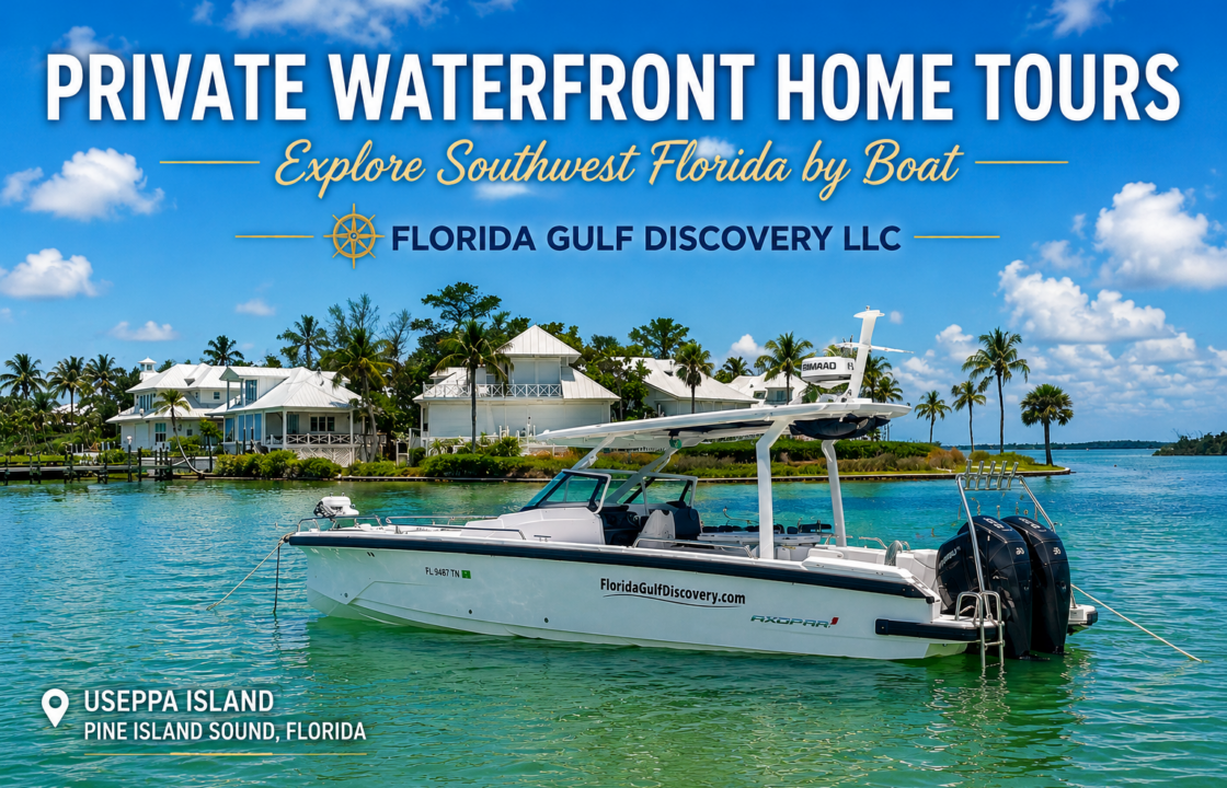Private waterfront home tour boat anchored near Useppa Island in Pine Island Sound, Southwest Florida, with luxury waterfront homes in the background.