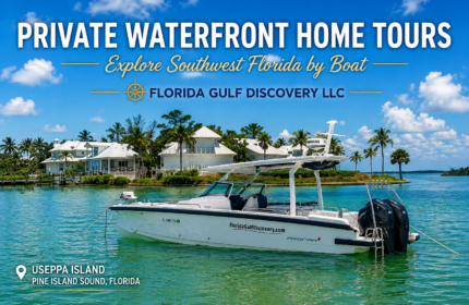 Private waterfront home tour boat anchored near Useppa Island in Pine Island Sound, Southwest Florida, with luxury waterfront homes in the background.