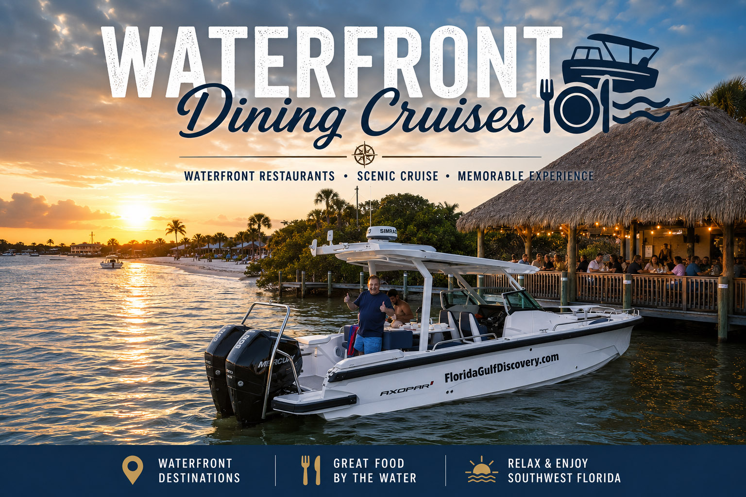 Waterfront Dining Cruises in Southwest Florida | Florida Gulf Discovery Captain Pavel's Axopar 29 arriving at a waterfront restaurant during a private Waterfront Dining Cruise in Southwest Florida.