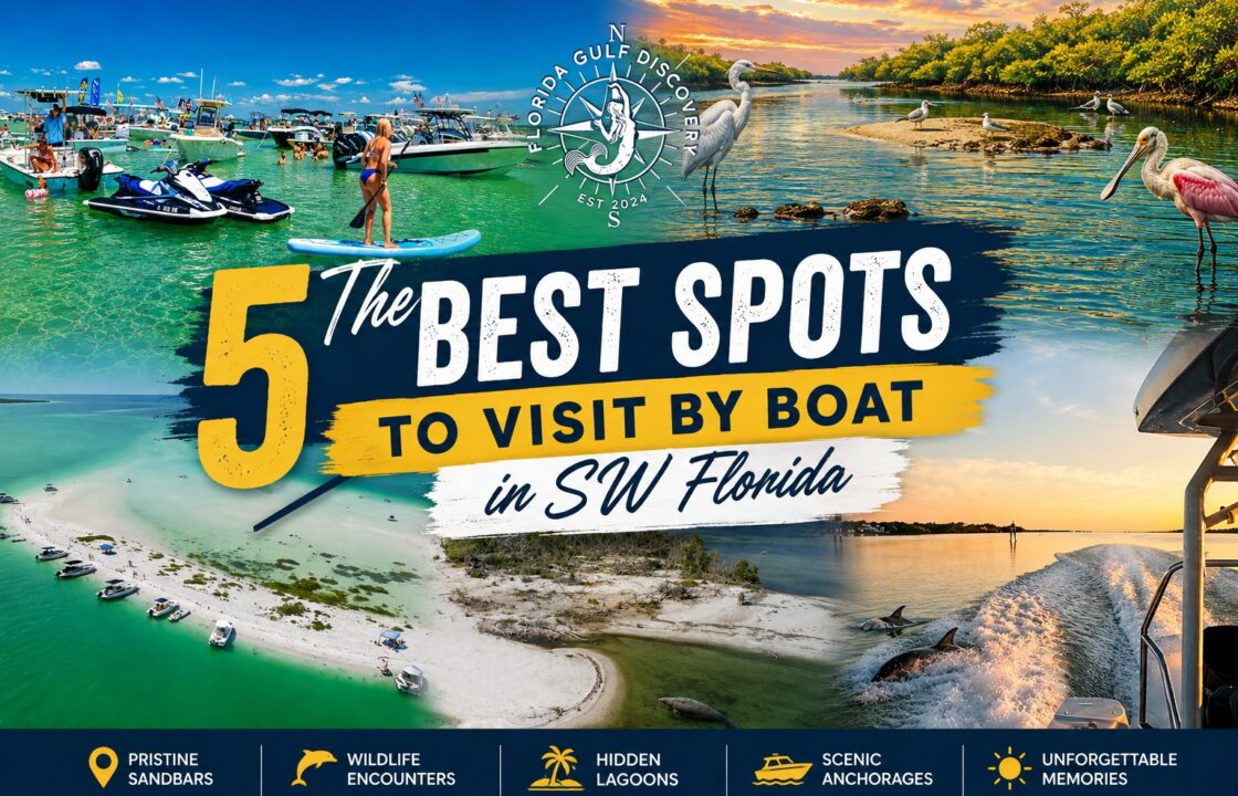 Featured collage showing the five best boating destinations in Southwest Florida, including Boca Grande Sandbar, Cayo Costa, wildlife, barrier islands, and dolphin encounters.