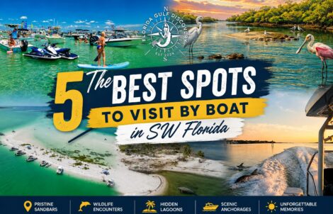 Featured collage showing the five best boating destinations in Southwest Florida, including Boca Grande Sandbar, Cayo Costa, wildlife, barrier islands, and dolphin encounters.
