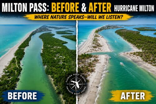 Before and after aerial comparison of Milton Pass at Manasota Key, showing the barrier island before Hurricane Milton and the new inlet created by the hurricane in October 2024.