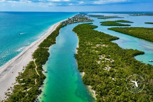 Aerial view of Ski Alley and Manasota Key in July 2024, before Hurricane Milton created Milton Pass through the barrier island.