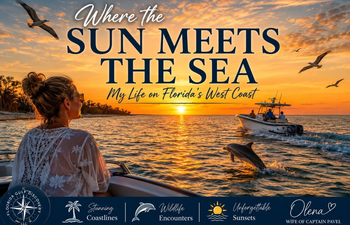 Where the Sun Meets the Sea on Florida’s West Coast, featuring Olena, a Gulf sunset, dolphin, seabirds, and a boat on the water.