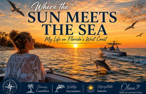 Where the Sun Meets the Sea on Florida’s West Coast, featuring Olena, a Gulf sunset, dolphin, seabirds, and a boat on the water.