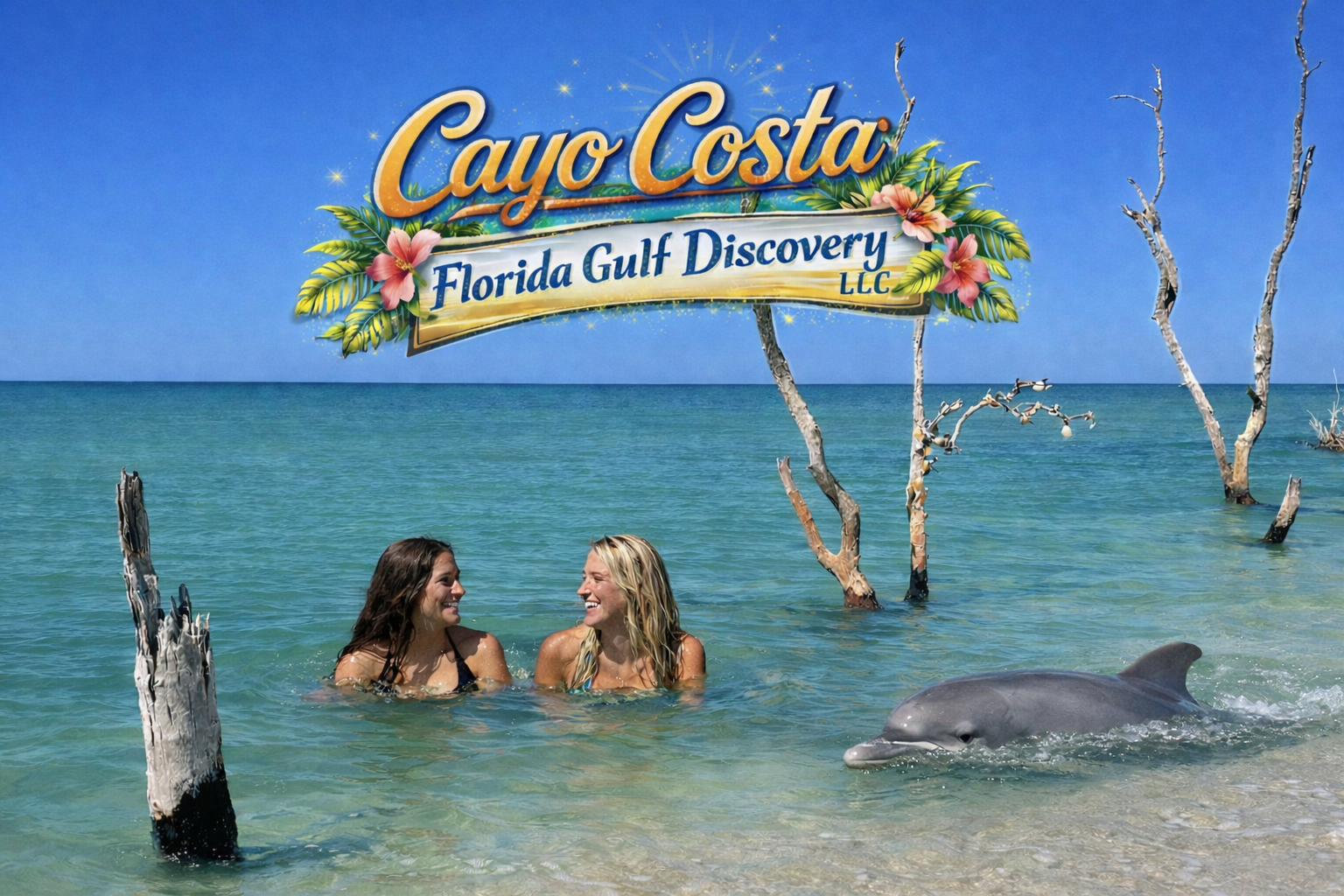 Cayo Costa Island, Two Girls and Dolphin with Florida Gulf Discovery LLC