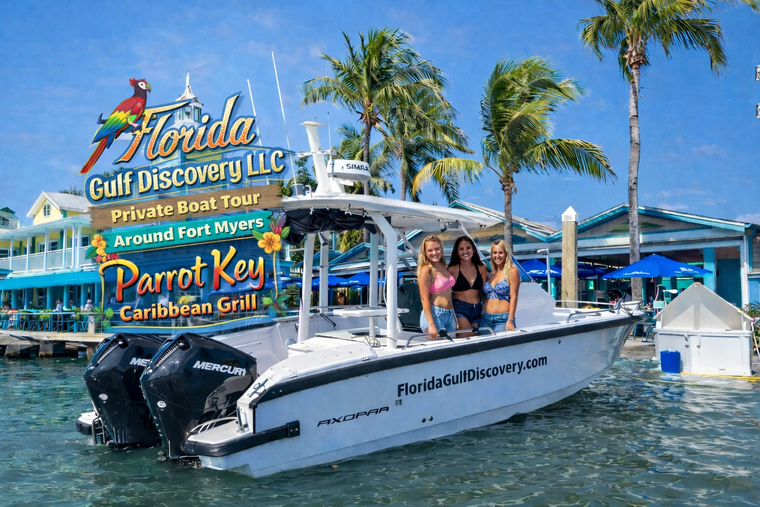 Private Boat Tours, Fort Myers, Parrot Key Caribbean Grill with Florida Gulf Discovery LLC
