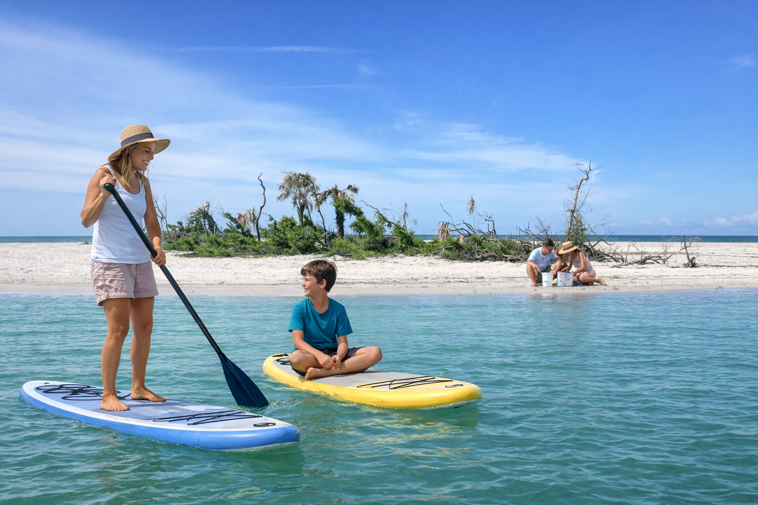 Shelling Boat Tours in Southwest Florida, on Paddleboard with mom, Florida Gulf Discovery LLC