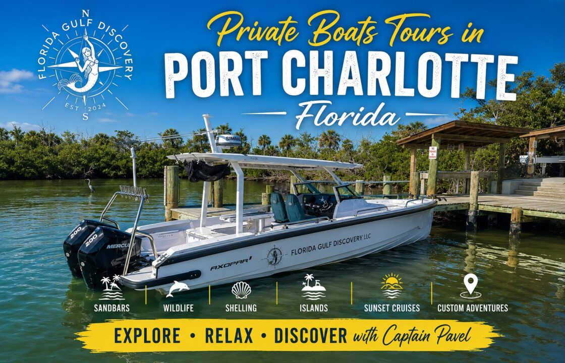 Captain Pavel's Axopar 29 private tour boat at a marina in Port Charlotte, Florida, promoting private boat tours to barrier islands, sandbars, dolphin watching, shelling, and sunset cruises.