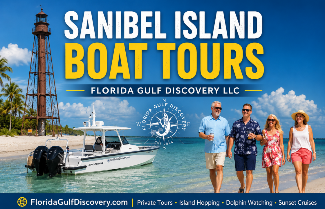 Sanibel Island Boat Tours promotional thumbnail featuring Sanibel Lighthouse Beach, Florida Gulf Discovery's Axopar 29, and guests enjoying a private beach walk in Southwest Florida.