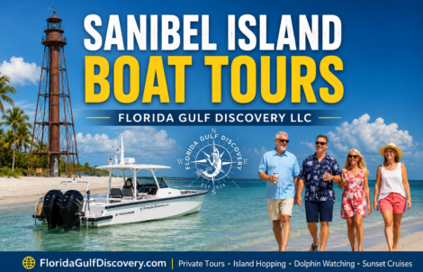 Sanibel Island Boat Tours promotional thumbnail featuring Sanibel Lighthouse Beach, Florida Gulf Discovery's Axopar 29, and guests enjoying a private beach walk in Southwest Florida.