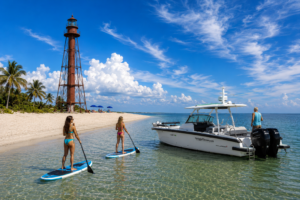Two women paddleboarding near Sanibel Lighthouse Beach while Florida Gulf Discovery's Axopar 29 is anchored in shallow Gulf waters on a sunny day.