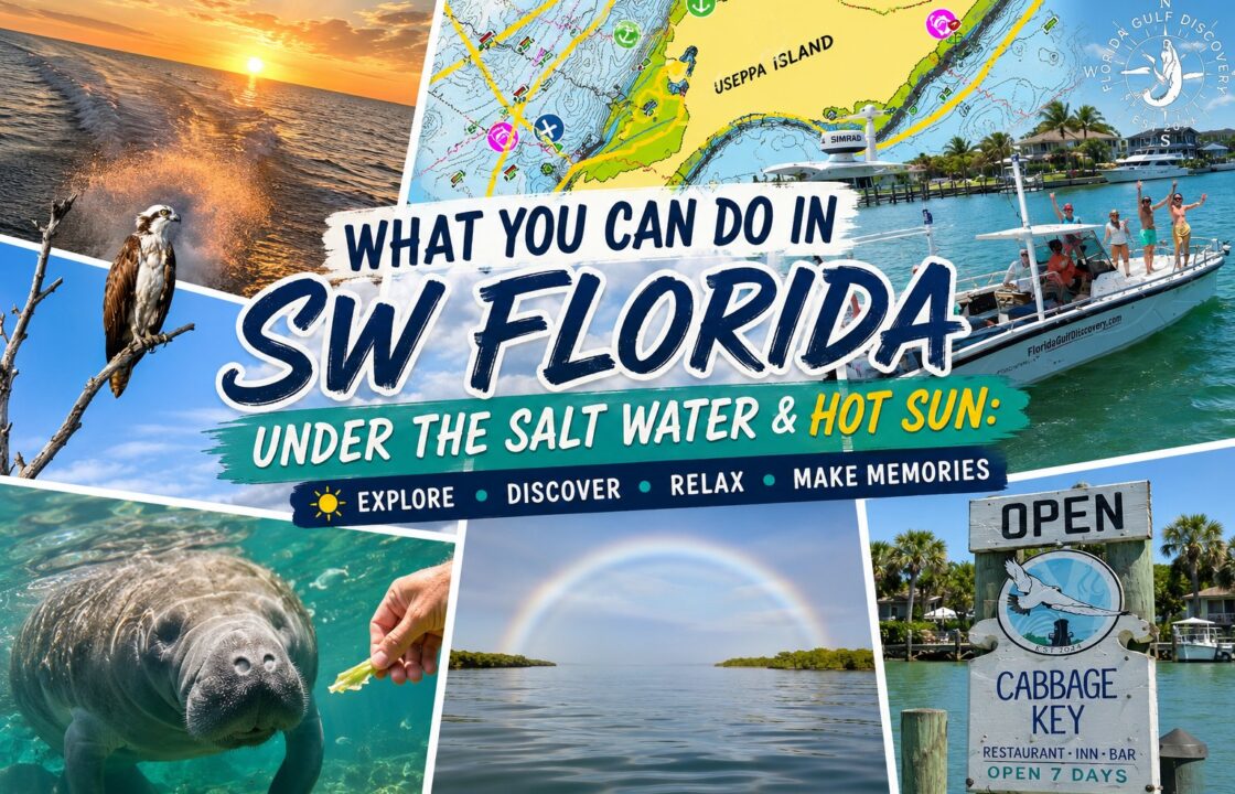 Southwest Florida adventures featuring private boat tours, manatees, ospreys, Cabbage Key, island destinations and coastal waters with Florida Gulf Discovery.
