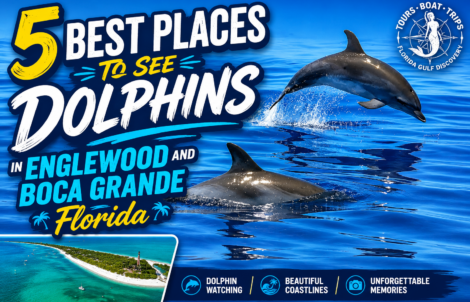 Two dolphins swimming and jumping in blue Gulf waters featured in a travel thumbnail about the best dolphin watching locations in Englewood and Boca Grande, Florida.