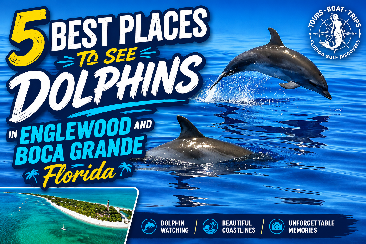 Two dolphins swimming and jumping in blue Gulf waters featured in a travel thumbnail about the best dolphin watching locations in Englewood and Boca Grande, Florida.