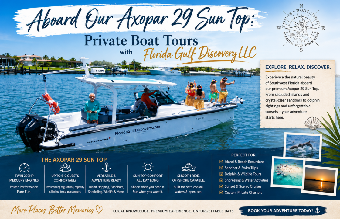 Florida Gulf Discovery LLC Axopar 29 Sun Top private boat tour in Southwest Florida with guests enjoying island and sandbar excursions on turquoise coastal waters.