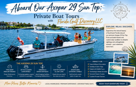 Florida Gulf Discovery LLC Axopar 29 Sun Top private boat tour in Southwest Florida with guests enjoying island and sandbar excursions on turquoise coastal waters.