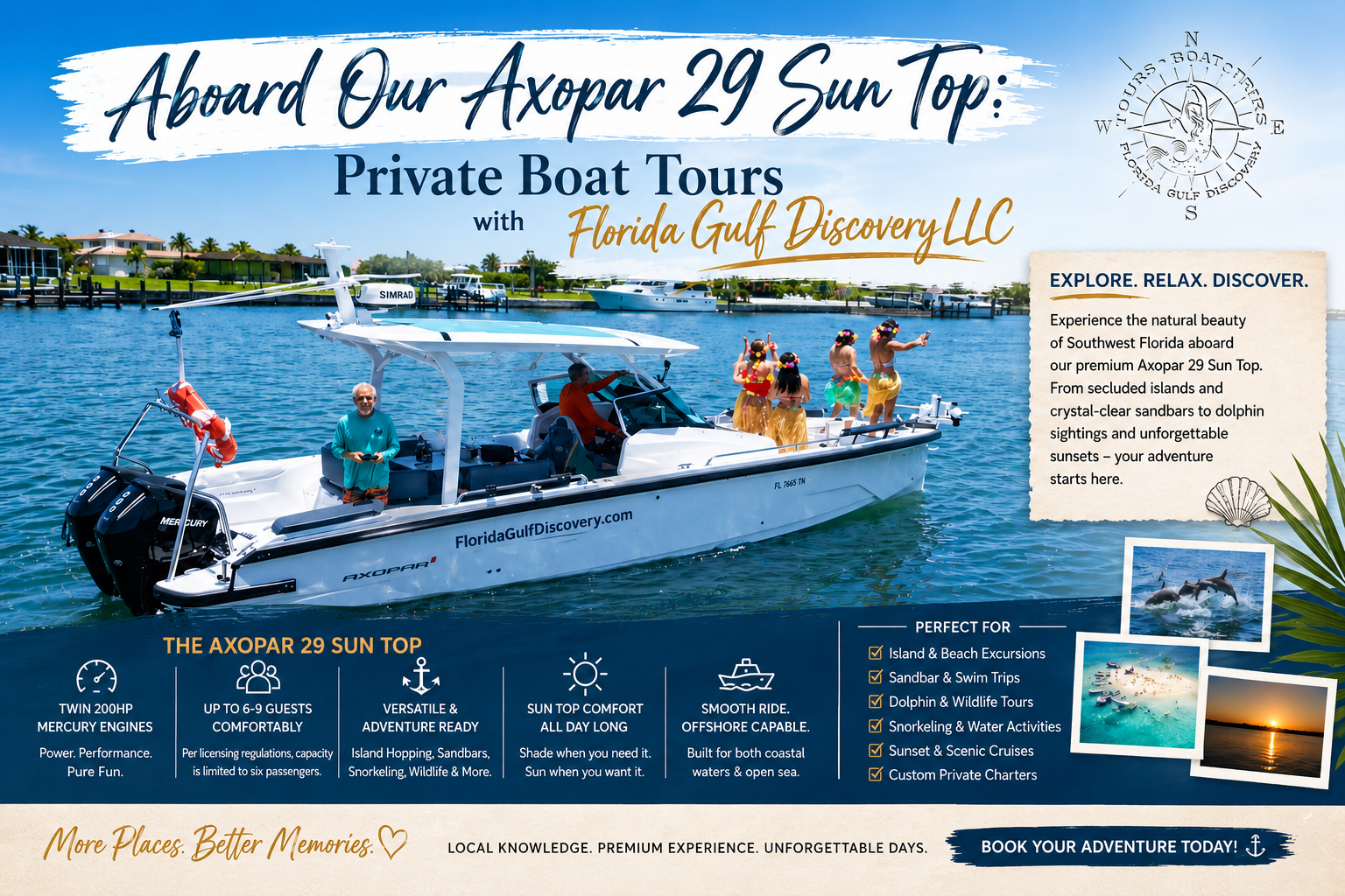 Florida Gulf Discovery LLC Axopar 29 Sun Top private boat tour in Southwest Florida with guests enjoying island and sandbar excursions on turquoise coastal waters.