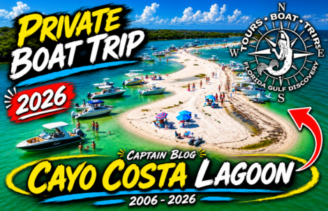 Aerial drone view of Cayo Costa Lagoon in Southwest Florida with boats anchored along a sandy lagoon shoreline during a private boat trip in 2026