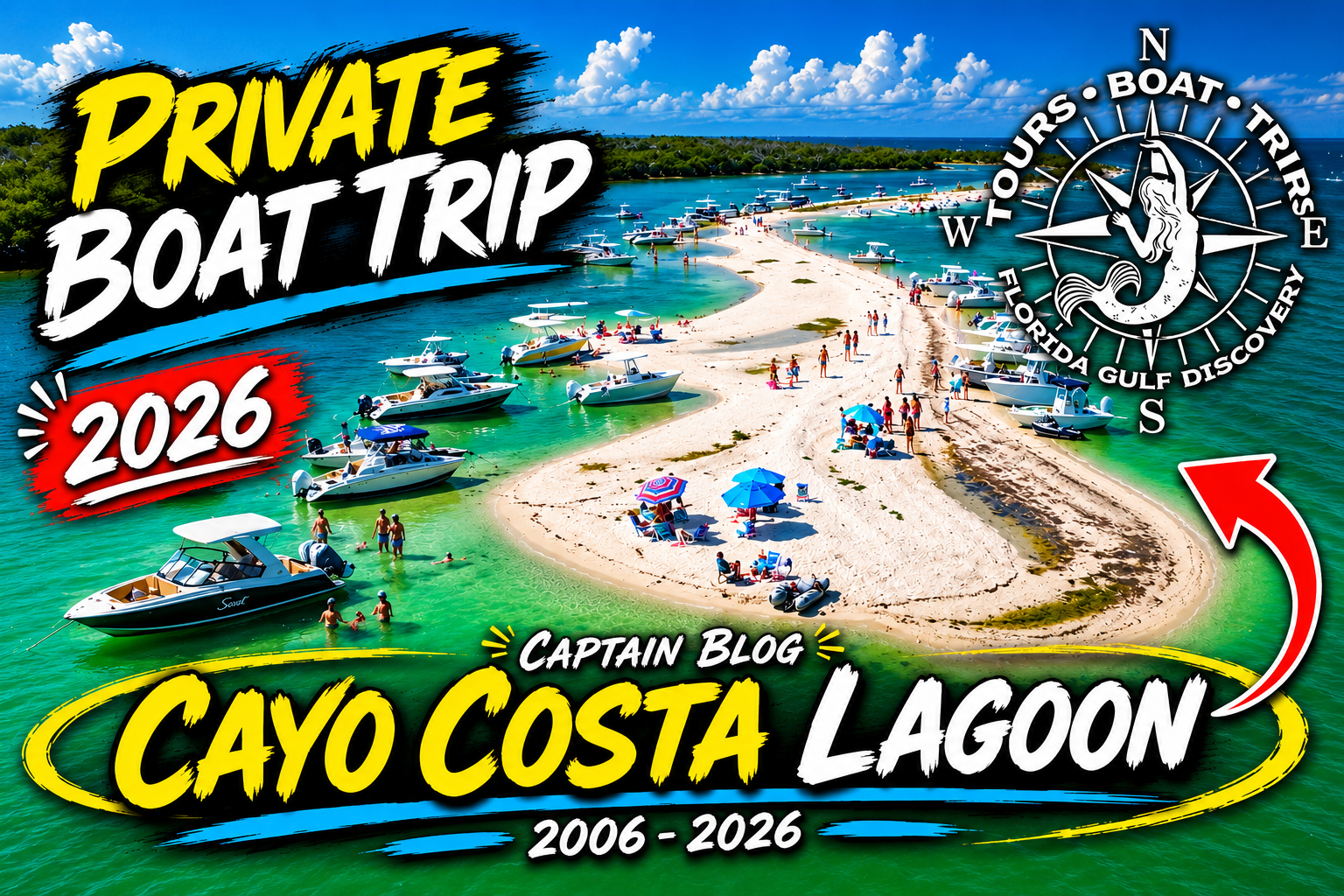 Aerial drone view of Cayo Costa Lagoon in Southwest Florida with boats anchored along a sandy lagoon shoreline during a private boat trip in 2026