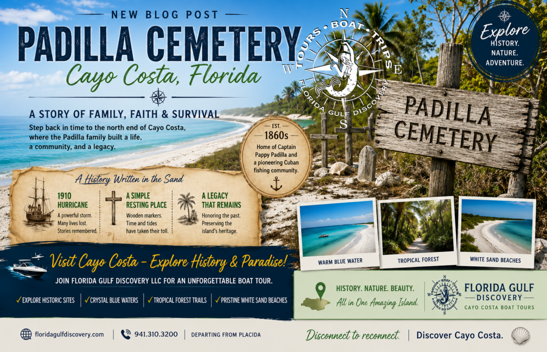 Historic Padilla Cemetery sign on Cayo Costa Island, Florida, featured in a Florida Gulf Discovery LLC blog post about island history, pioneer families, and boat tours.