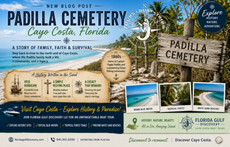 Historic Padilla Cemetery sign on Cayo Costa Island, Florida, featured in a Florida Gulf Discovery LLC blog post about island history, pioneer families, and boat tours.