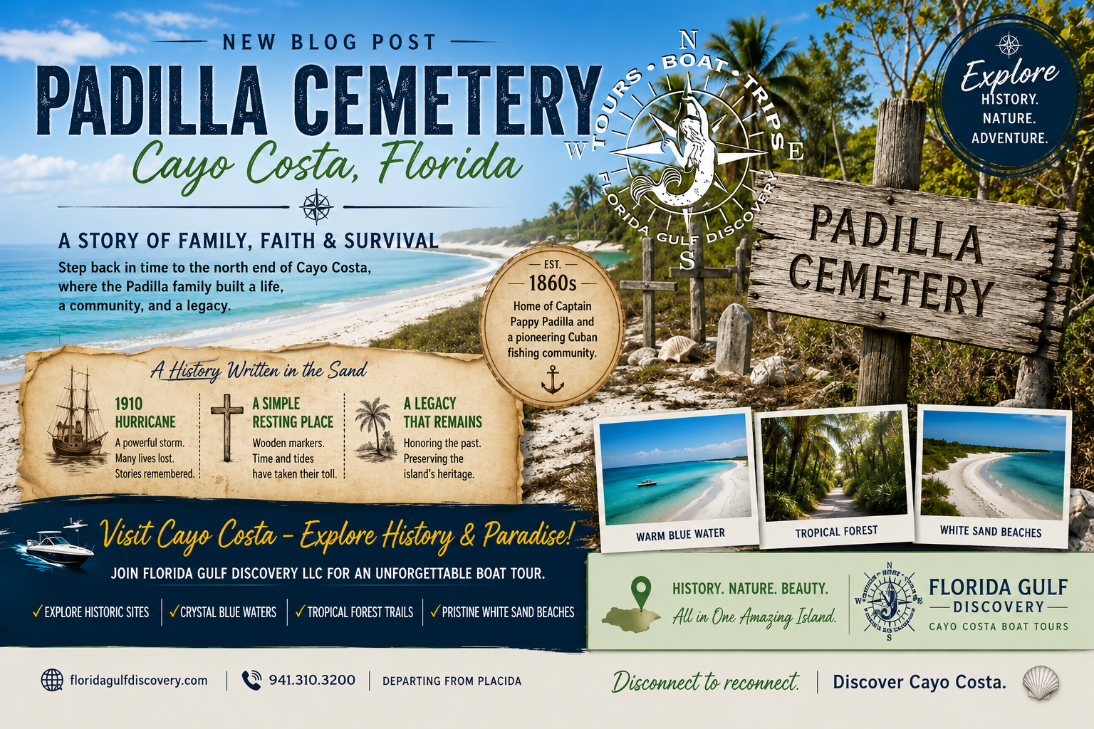 Historic Padilla Cemetery sign on Cayo Costa Island, Florida, featured in a Florida Gulf Discovery LLC blog post about island history, pioneer families, and boat tours.