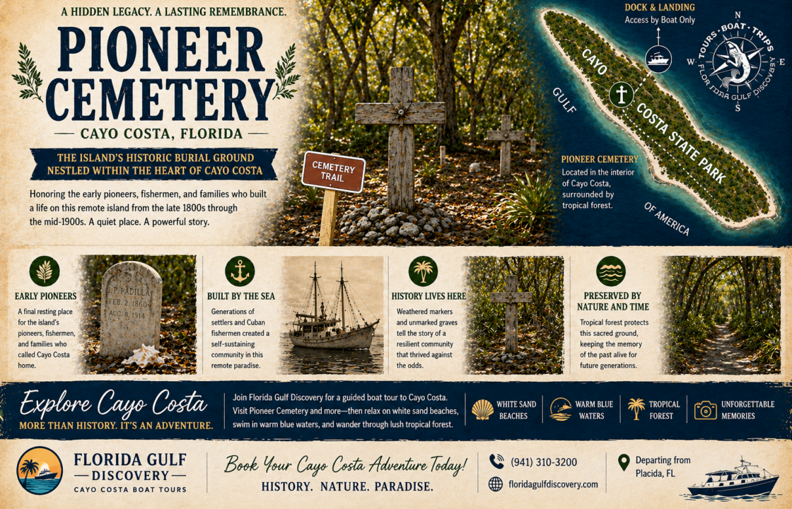 Historic Pioneer Cemetery on Cayo Costa Island, Florida, surrounded by tropical forest and featured in a Florida Gulf Discovery LLC educational boat tour poster.