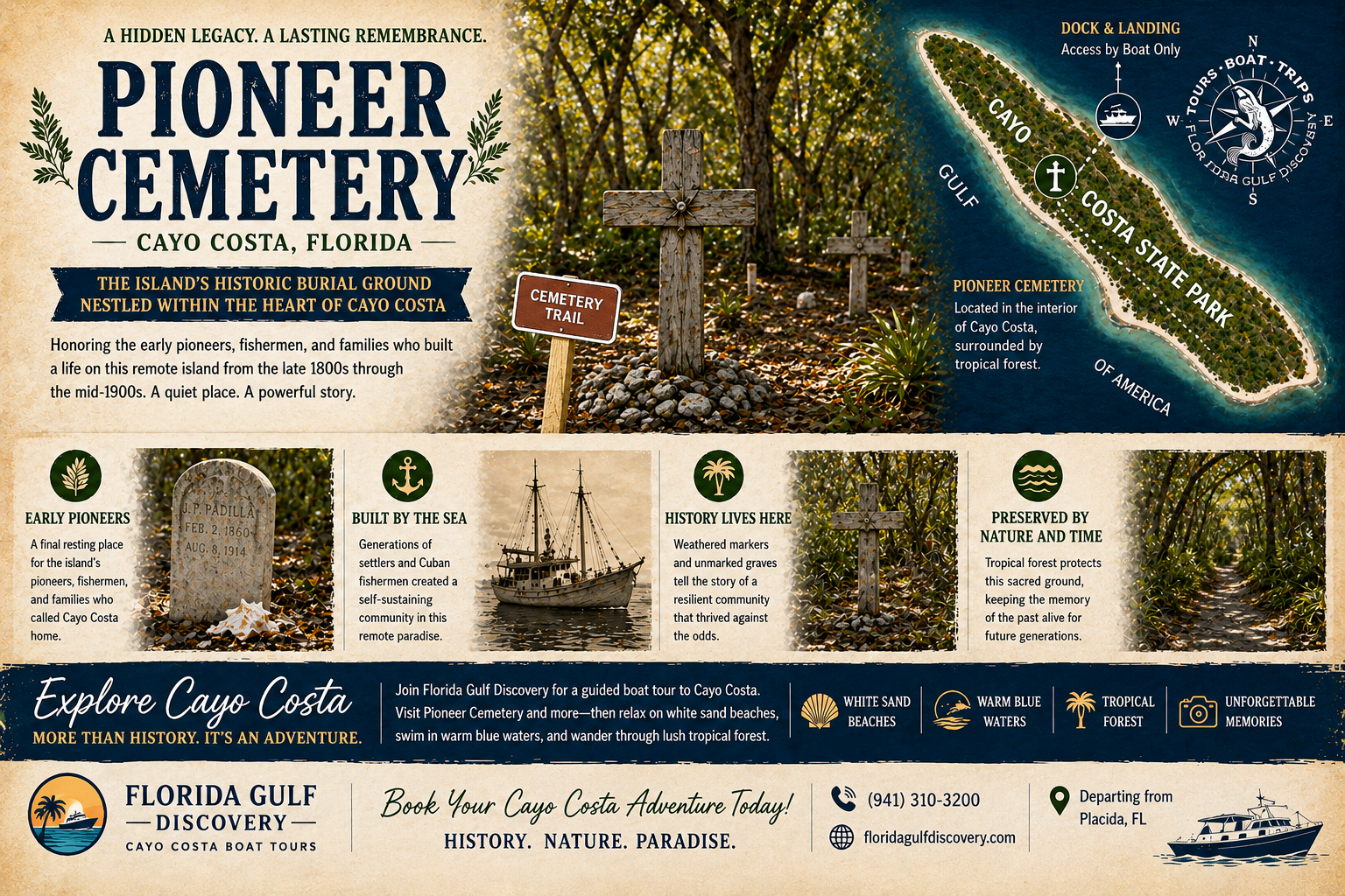 Historic Pioneer Cemetery on Cayo Costa Island, Florida, surrounded by tropical forest and featured in a Florida Gulf Discovery LLC educational boat tour poster.