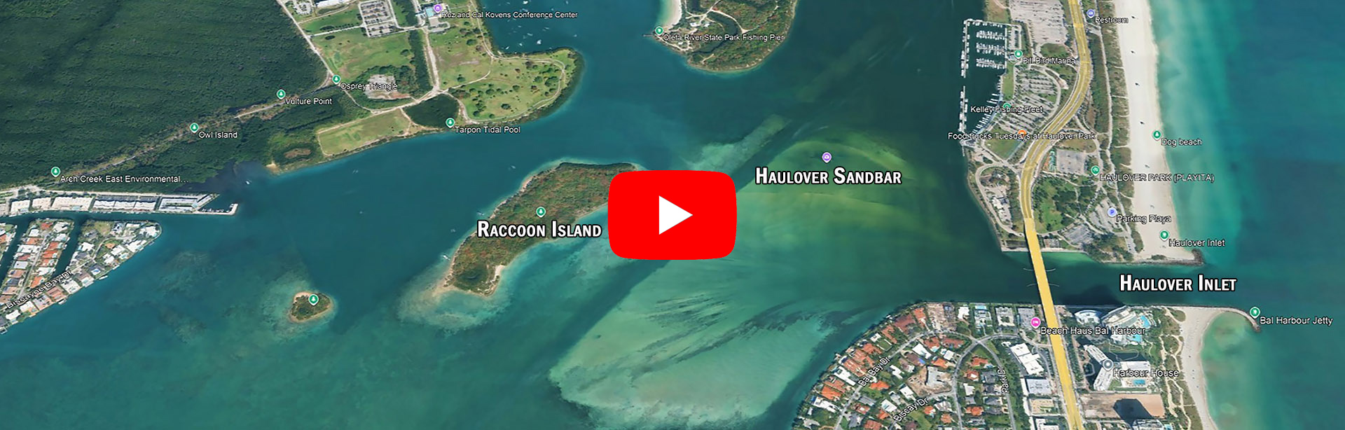 Aerial map view of Raccoon Island near Haulover Sandbar and Haulover Inlet in Miami, Florida