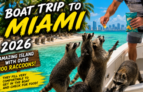 Raccoons approaching a boat during a tropical Miami island boat trip in turquoise water