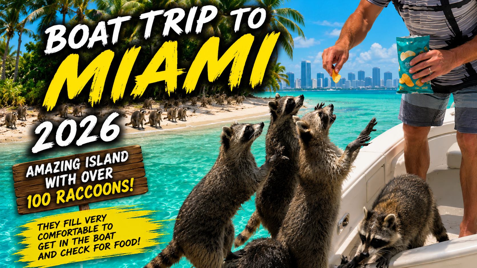 Raccoons approaching a boat during a tropical Miami island boat trip in turquoise water