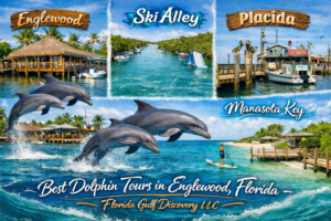 Collage of dolphin tours in Englewood Florida featuring Ski Alley, Placida, Manasota Key, waterfront restaurants, paddleboarding, and coastal boating adventures