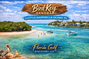 Bird Key Sandbar at Little Gasparilla Island Florida with shallow turquoise water boats and people enjoying sandbar during private tour with Florida Gulf Discovery