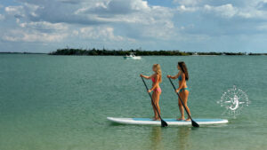 Two women paddleboarding at Bird Key Sandbar in Gasparilla Pass Florida during private boat tour with Florida Gulf Discovery