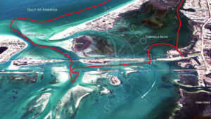 Aerial map of Gasparilla Pass and Boca Grande showing boating routes, Boca Grande Sandbar, Bird Key, and Placida trestle area