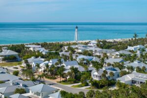 Aerial view of Boca Grande Lighthouse and Gasparilla Island shoreline in Boca Grande Florida