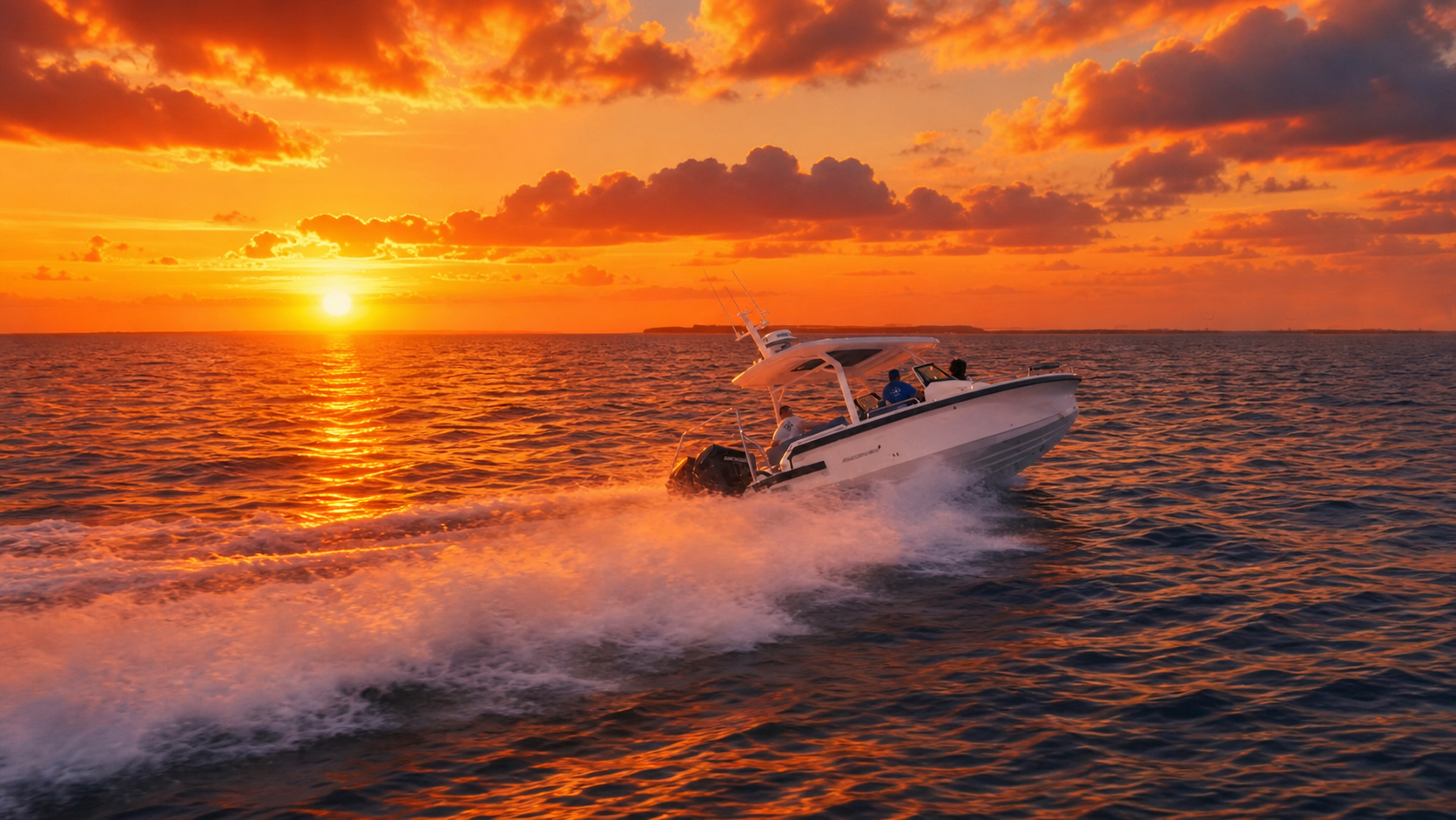 Private boat cruising at sunset near Boca Grande Florida with vibrant orange sky over Gulf waters with Florida Gulf Discovery