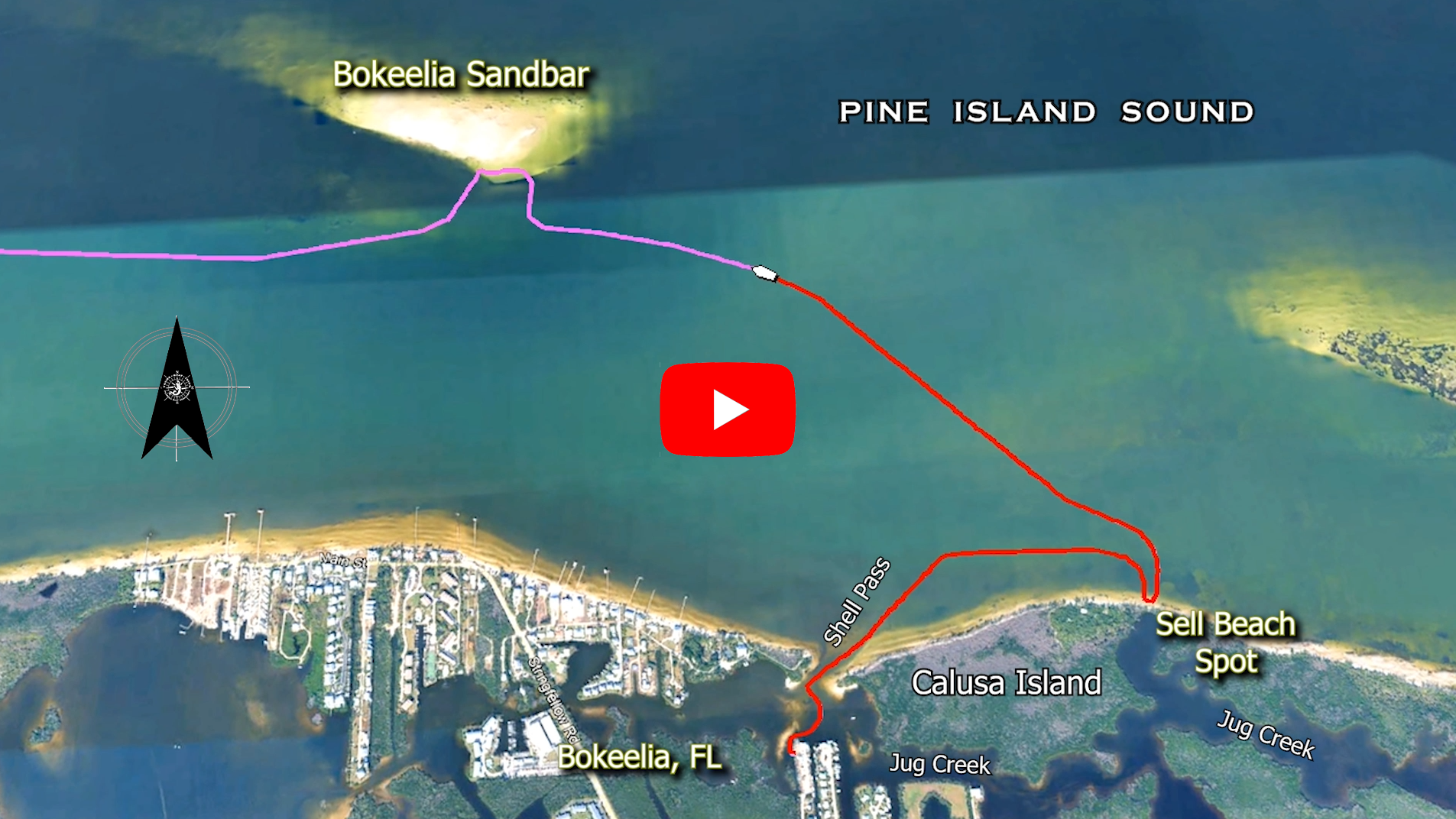 Map showing the boat route from Shell Beach Spot at Calusa Island to Bokeelia Sandbar through Pine Island Sound in Southwest Florida.