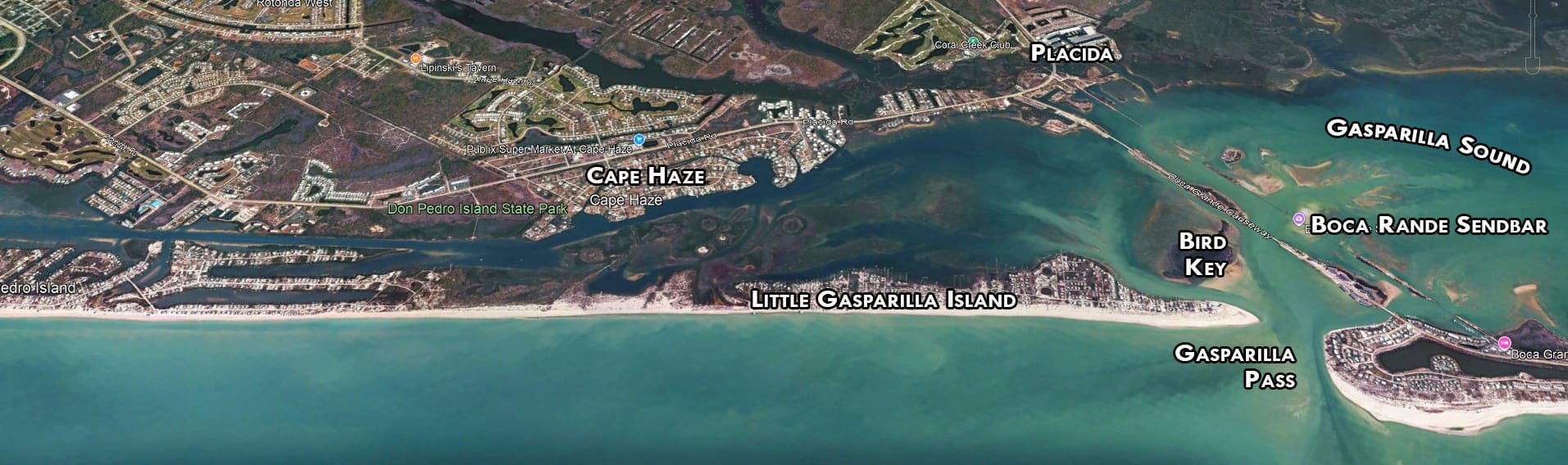 Labeled aerial map of Cape Haze Placida Little Gasparilla Island and Gasparilla Sound showing Boca Grande Sandbar and Bird Key Florida boat tour area